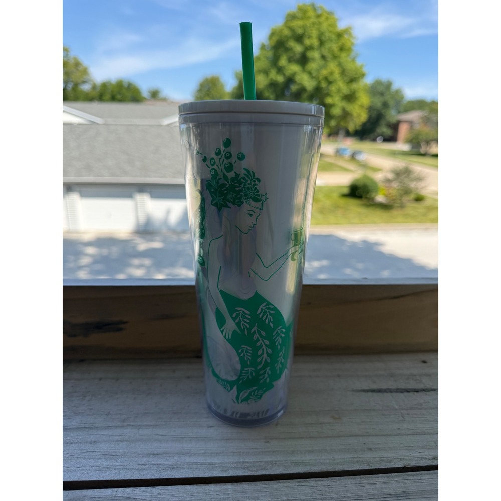 Starbucks Siren Mermaid Cold Cup Tumbler 24oz Venti White Green Iridescent Straw